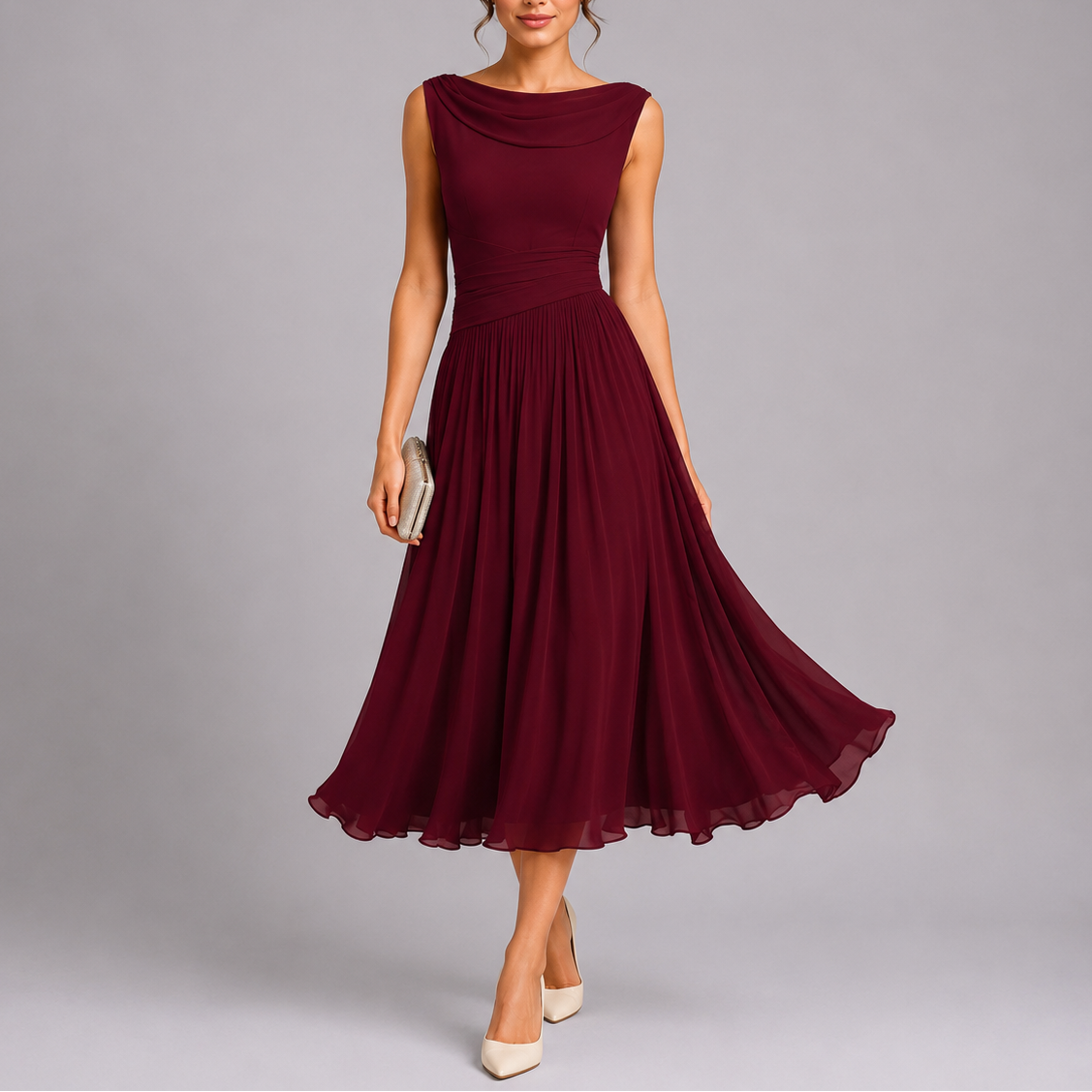 Women's pleated midi dress with draped neckline and fitted waist, sleeveless occasion wear