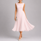Women's pleated midi dress with draped neckline and fitted waist, sleeveless occasion wear