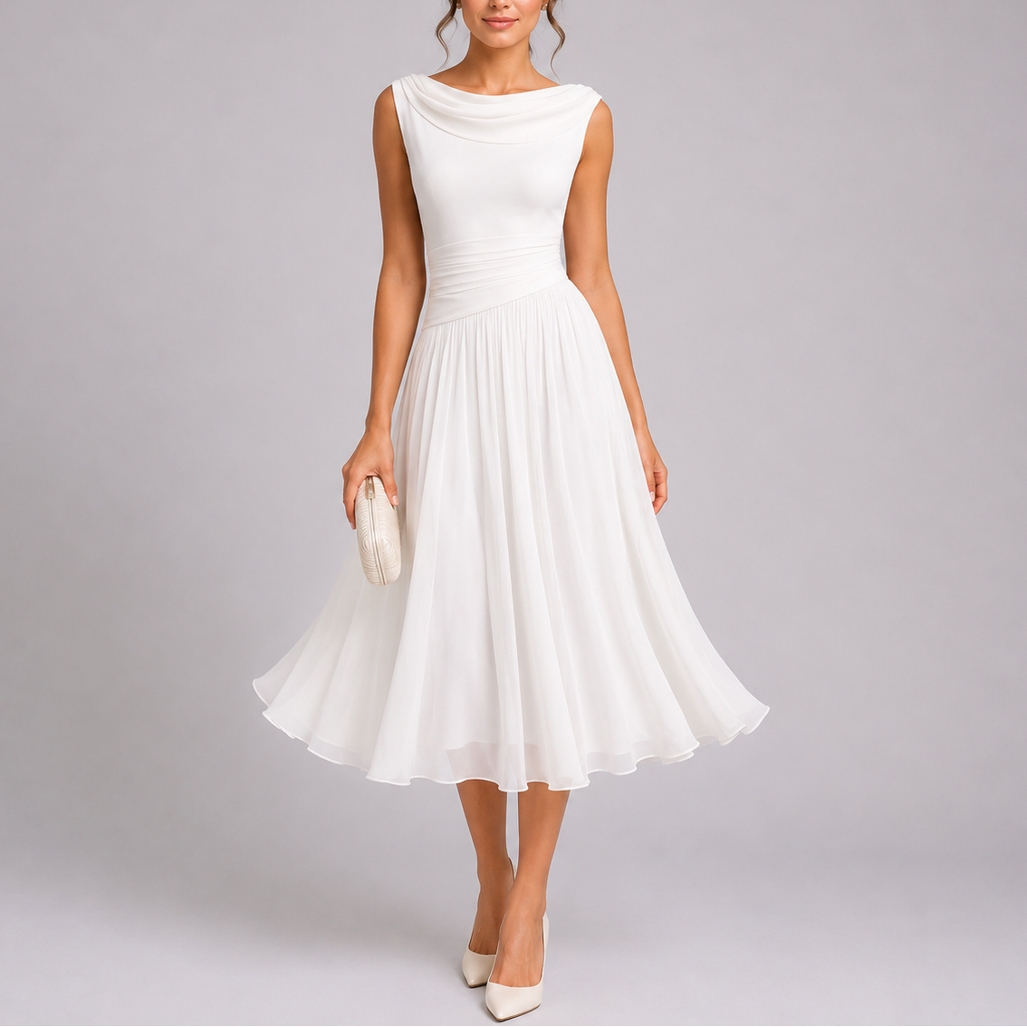 Women's pleated midi dress with draped neckline and fitted waist, sleeveless occasion wear
