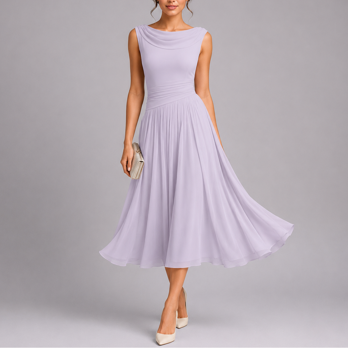 Women's pleated midi dress with draped neckline and fitted waist, sleeveless occasion wear