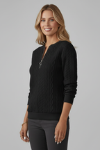 Women cable knit jumper with zip neck and raised texture long sleeves