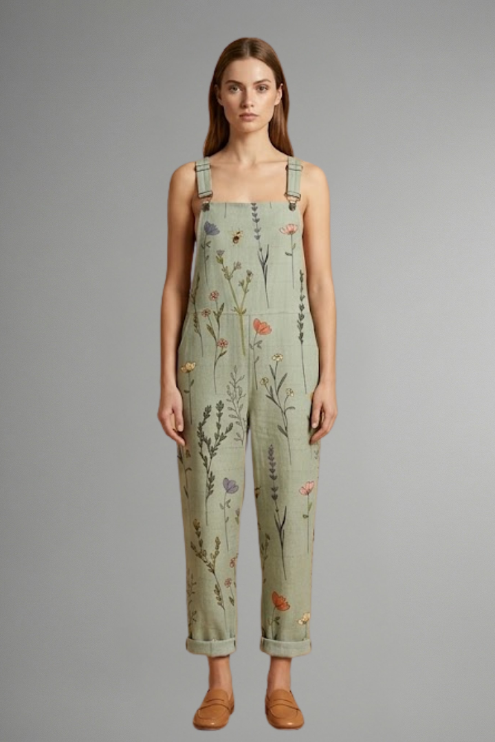 Women's wide leg jumpsuit in green with square neckline and adjustable straps