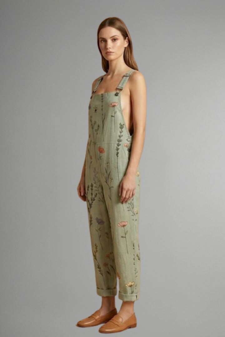 Women's wide leg jumpsuit in green with square neckline and adjustable straps