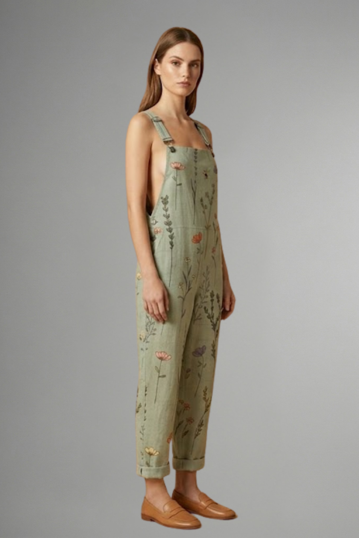 Women's wide leg jumpsuit in green with square neckline and adjustable straps