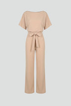 Women's wide leg jumpsuit with tie belt and short sleeves, full length