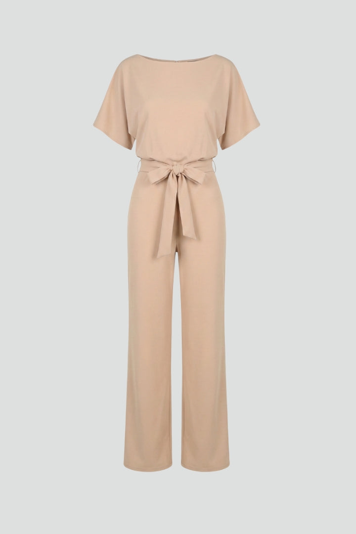 Women's wide leg jumpsuit with tie belt and short sleeves, full length
