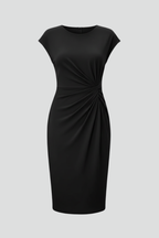 Women's knee-length dress with round neckline, ruched waist and cap sleeves