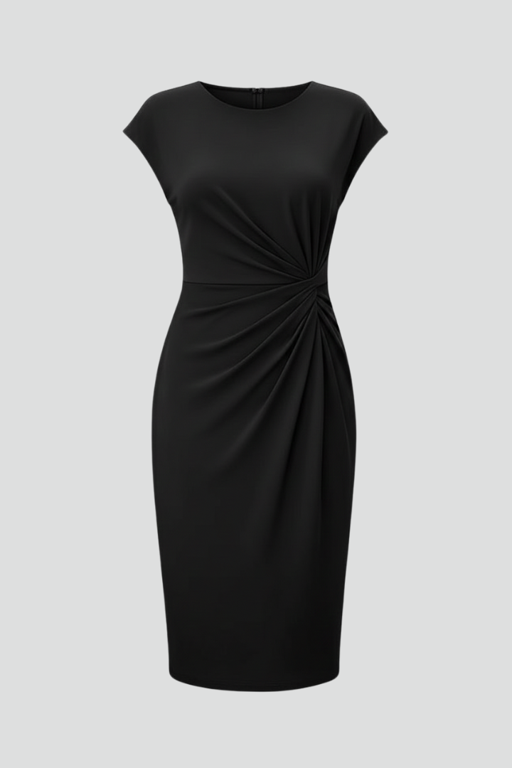 Women's knee-length dress with round neckline, ruched waist and cap sleeves