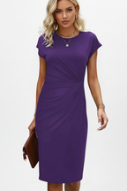 Women's knee-length dress with round neckline, ruched waist and cap sleeves