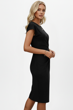 Women's knee-length dress with round neckline, ruched waist and cap sleeves