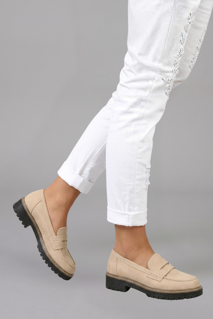Women suede leather loafers lug sole with strap detail and rounded toe