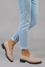 Women suede leather loafers lug sole with strap detail and rounded toe