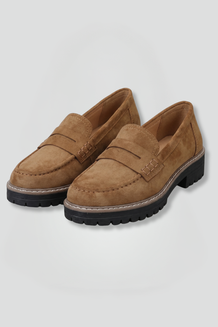 Women suede leather loafers lug sole with strap detail and rounded toe
