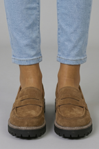 Women suede leather loafers lug sole with strap detail and rounded toe