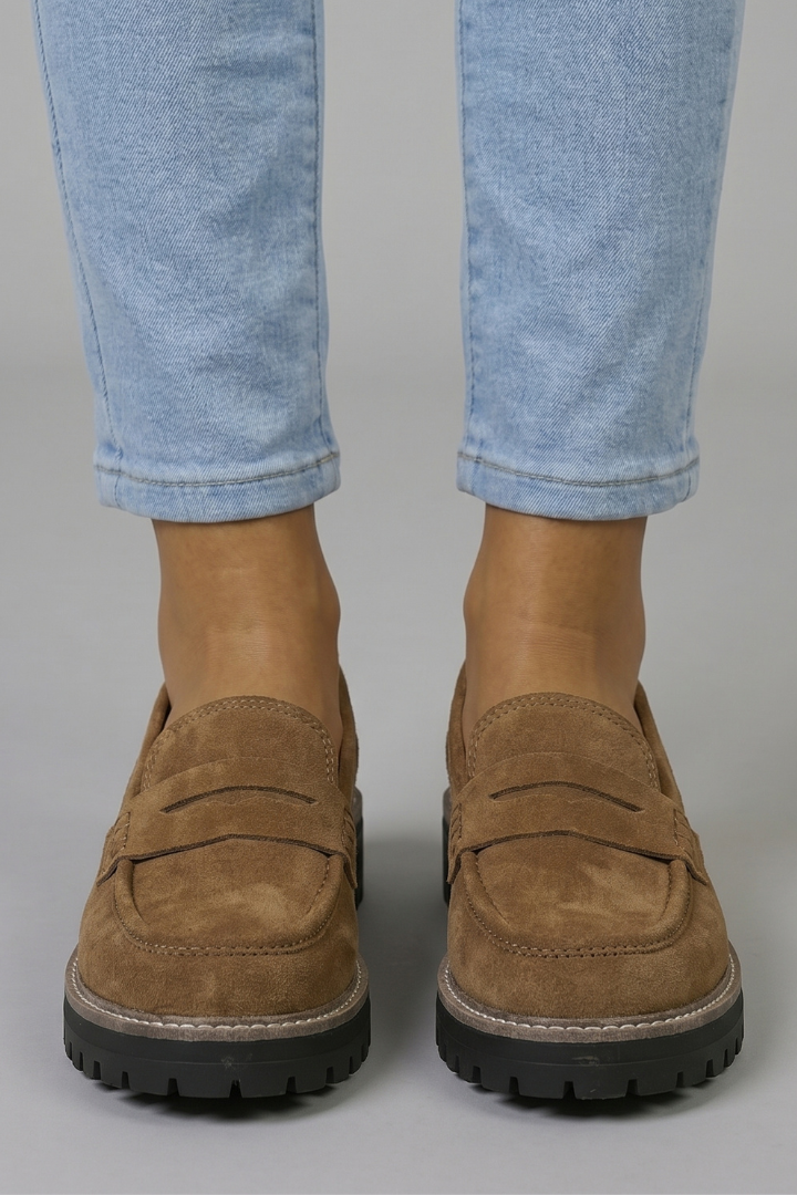 Women suede leather loafers lug sole with strap detail and rounded toe