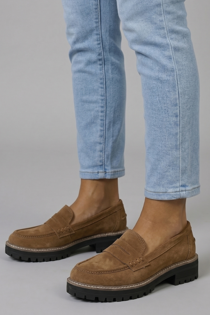 Women suede leather loafers lug sole with strap detail and rounded toe