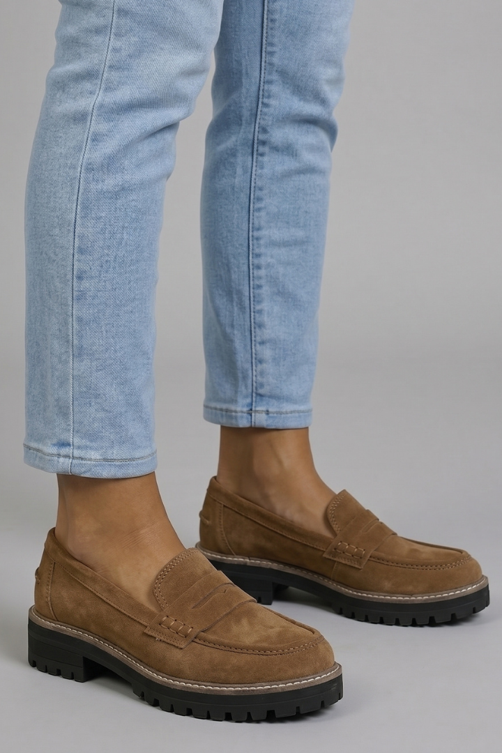 Women suede leather loafers lug sole with strap detail and rounded toe