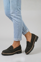 Women suede leather loafers lug sole with strap detail and rounded toe