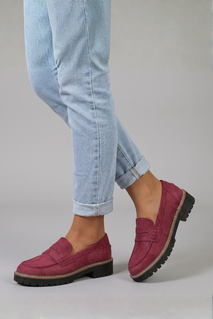 Women suede leather loafers lug sole with strap detail and rounded toe