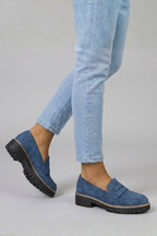Women suede leather loafers lug sole with strap detail and rounded toe