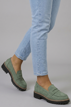 Women suede leather loafers lug sole with strap detail and rounded toe
