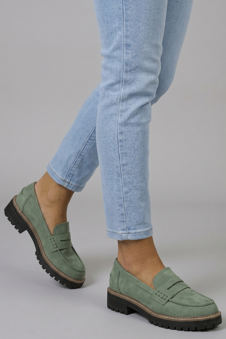 Women suede leather loafers lug sole with strap detail and rounded toe