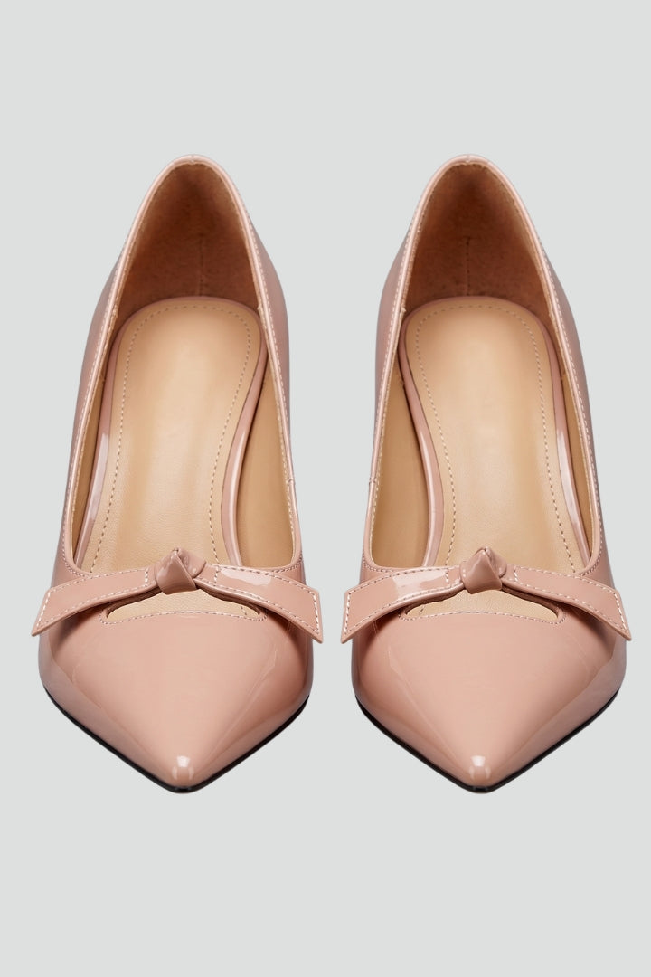 Women leather pumps with bow detail and mid-height flared heel pointed toe