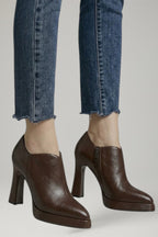 Women leather platform block heel pumps with side zipper in black