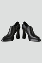 Women leather platform block heel pumps with side zipper in black
