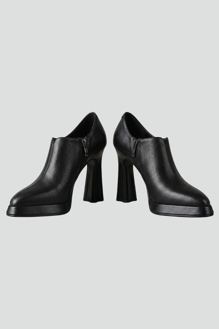 Women leather platform block heel pumps with side zipper in black