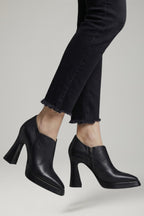 Women leather platform block heel pumps with side zipper in black