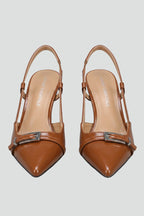 Women leather pumps pointed toe open back stiletto heel light brown