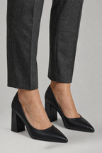 Women leather pumps pointed toe block heel slip on design