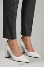 Women leather pumps pointed toe block heel slip on design