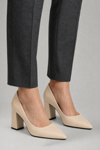Women leather pumps pointed toe block heel slip on design