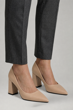 Women leather pumps pointed toe block heel slip on design
