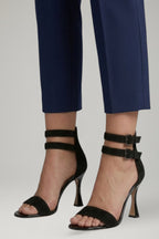 Women's black leather sandals with stiletto heel and ankle strap, open toe