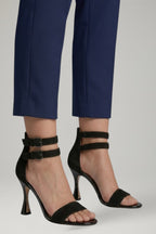 Women's black leather sandals with stiletto heel and ankle strap, open toe
