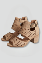Women's leather sandals block heel ankle strap open toe summer