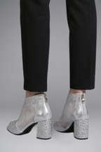 Women's block heel leather sandals open toe evening wear in silver and gold