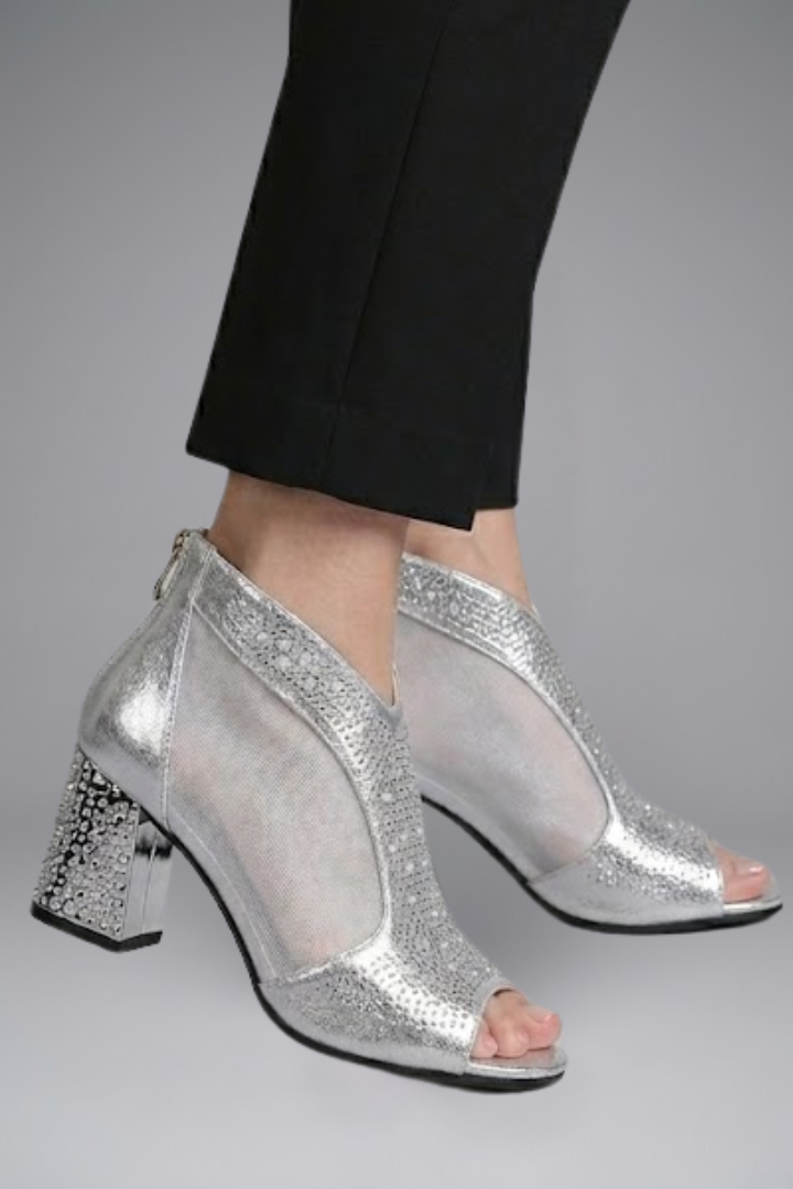 Women's block heel leather sandals open toe evening wear in silver and gold