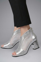 Women's block heel leather sandals open toe evening wear in silver and gold