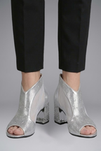Women's block heel leather sandals open toe evening wear in silver and gold