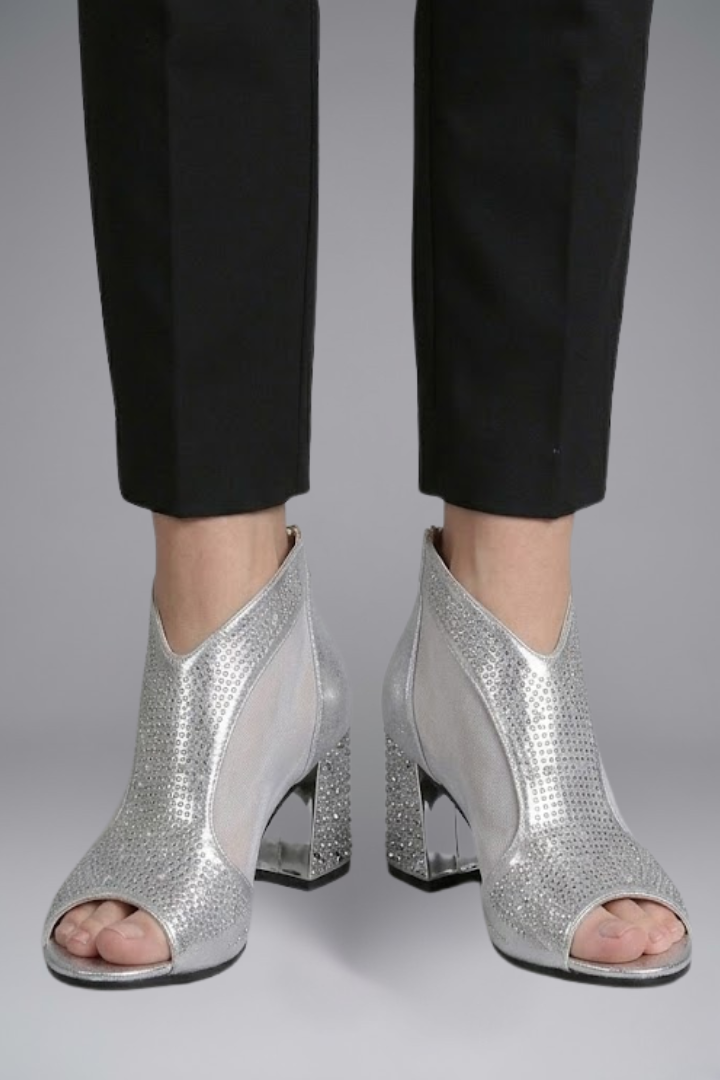 Women's block heel leather sandals open toe evening wear in silver and gold