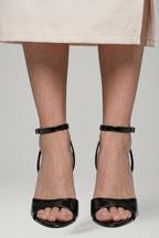 Women's leather sandals with open toe, buckle ankle strap and cone heel