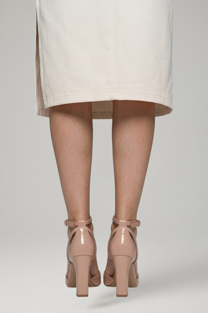 Women's leather sandals with open toe, buckle ankle strap and cone heel