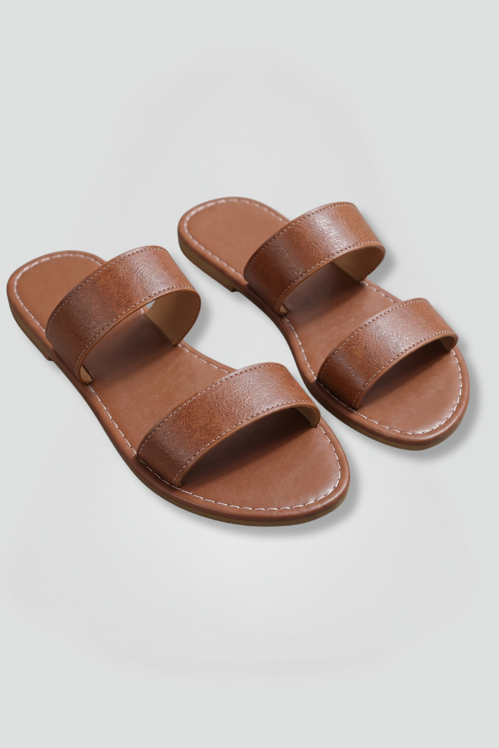Women's open toe slip-on sandals, flat EVA sole, leather-lined, brown