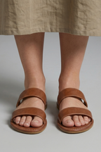 Women's open toe slip-on sandals, flat EVA sole, leather-lined, brown