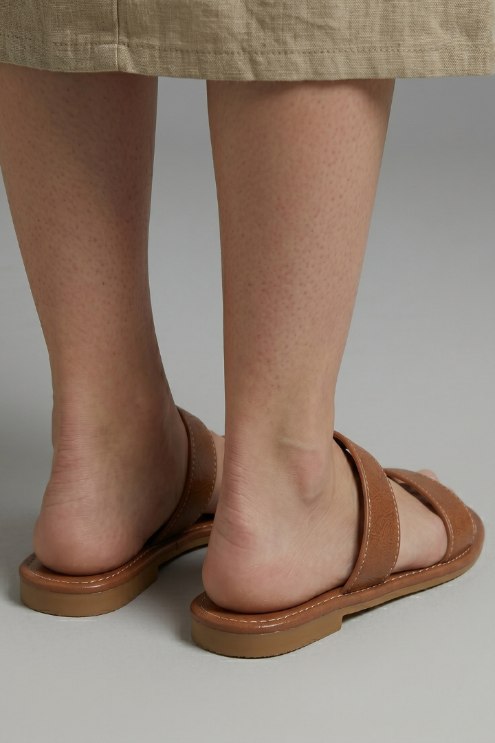 Women's open toe slip-on sandals, flat EVA sole, leather-lined, brown