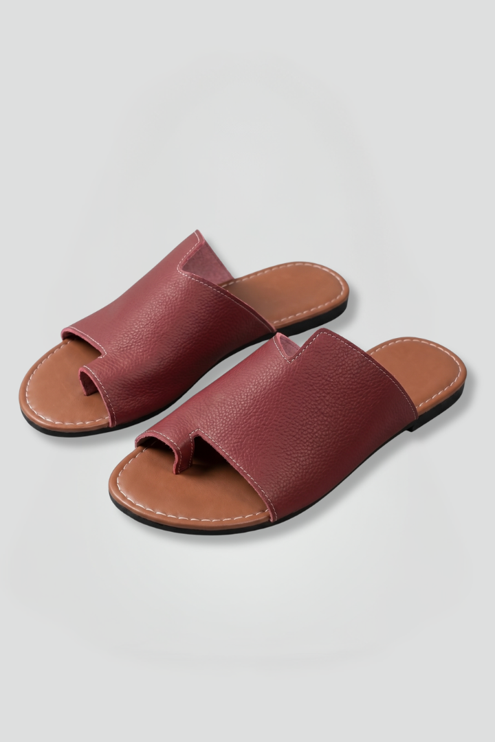Women open toe slip-on flat sandals with leather lining and textured outsole